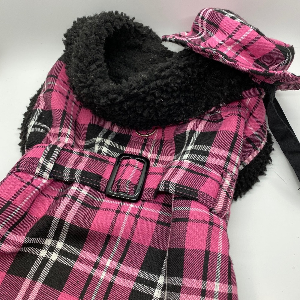 Pink plaid dog jacket with matching hat